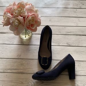 Aquatalia Navy Suede Buckle Toe Heels Size 8.5